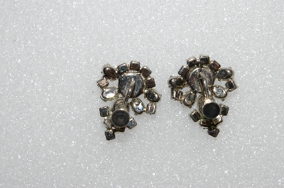 +MBA #E55-273   "Vintage Silvertone Fancy Blue Crystal Rhinestone Screw Back Earrings"