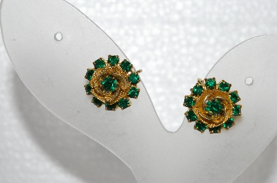 +MBA #E55-052   "Judy Lee Gold Tone Green Rhinestone Small Rose Earrings"