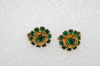 +MBA #E55-052   "Judy Lee Gold Tone Green Rhinestone Small Rose Earrings"