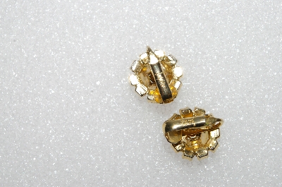 +MBA #E55-052   "Judy Lee Gold Tone Green Rhinestone Small Rose Earrings"