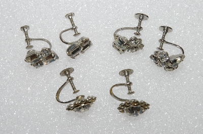 + MBA #E55-042   "Vintage Lot Of 3 Pairs Of Clear Crystal Rhinestone Screw Back Earrings"