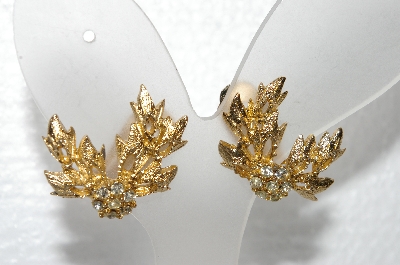 +MBA #E55-016    "Bergere Gold Tone Clear Crystal Rhinestone Clip On Earrings"