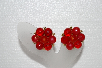 +MBA #E55-249   "Kramer Gold Tone Red Bead Clip On Earrings"