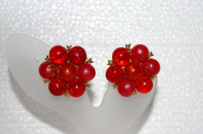 +MBA #E55-249   "Kramer Gold Tone Red Bead Clip On Earrings"