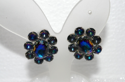 +MBA #E55-266  "Madeline Silvertone Peacock Blue Glass Stone Clip On Earrings"