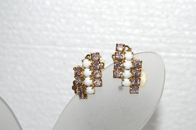 +MBA #E55-003   "Vintage Goldtone Lavender Crystal Rhinestone & Milk Glass Stone Small Clip On Earrings"