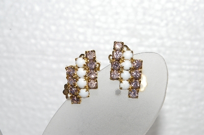 +MBA #E55-003   "Vintage Goldtone Lavender Crystal Rhinestone & Milk Glass Stone Small Clip On Earrings"