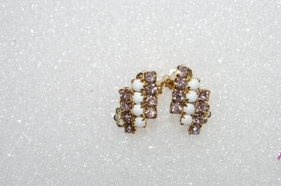 +MBA #E55-003   "Vintage Goldtone Lavender Crystal Rhinestone & Milk Glass Stone Small Clip On Earrings"