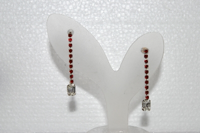 +MBA #E55-077   "Vintage Silvertone Red & Clear Crystal Rhinestone Earrings"