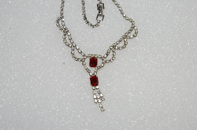 +MBA #E55-179   "Vintage Silvertone Clear & Red Crystal Rhinestone Necklace"
