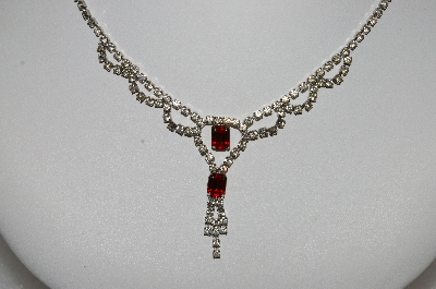 +MBA #E55-179   "Vintage Silvertone Clear & Red Crystal Rhinestone Necklace"