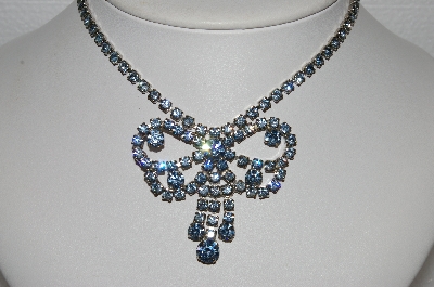 +MBA #E55-196   "Vintage Silvertone Fancy Blue  Crystal Rhinestone Bow Chocker"