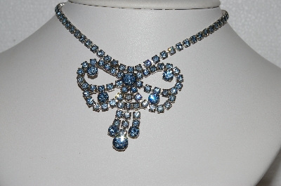 +MBA #E55-196   "Vintage Silvertone Fancy Blue  Crystal Rhinestone Bow Chocker"