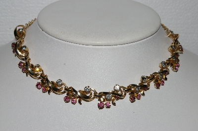 +MBA #E55-193   "Vintage Gold Tone Pink & Clear Crystal Rhinestone 16" Chocker"