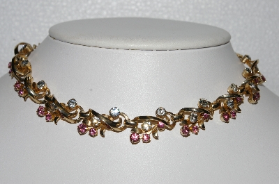 +MBA #E55-193   "Vintage Gold Tone Pink & Clear Crystal Rhinestone 16" Chocker"