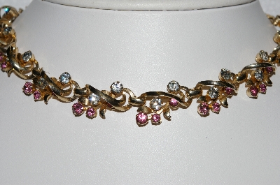 +MBA #E55-193   "Vintage Gold Tone Pink & Clear Crystal Rhinestone 16" Chocker"