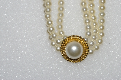 +MBA #E55-220   "Vintage Gold Plated Fancy 3 Row Faux Glass Pearl Bracelet"