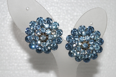 +MBA #E55-081   "Vintage Silvertone Blue Crystal Rhinestone Clip On Earrings"