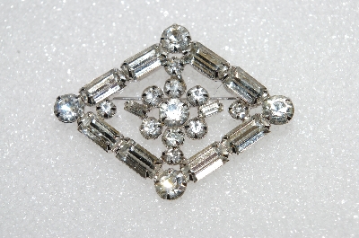 **MBA #E55-088   "Vintage Silvertone Fancy Shaped Clear Crystal Rhinestone Pin"