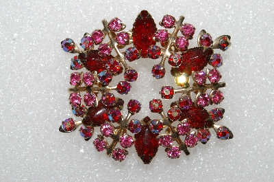 **MBA #E55-101   "Vintage Gold Tone Red & Pink AB Crystal Rhinestone Fancy Brooch"