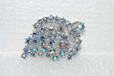 **MBA #E55-152   "Vintage Silvertone AB Crystal Rhinestone Fancy Leaf Pin"