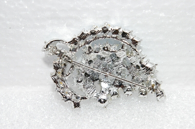 **MBA #E55-152   "Vintage Silvertone AB Crystal Rhinestone Fancy Leaf Pin"