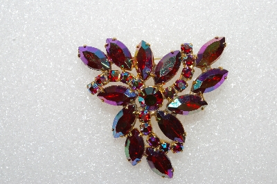 **MBA #E55-114   "Vintage Gold Tone Fancy Red AB Crystal Rhinestone Brooch"