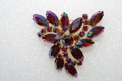 **MBA #E55-114   "Vintage Gold Tone Fancy Red AB Crystal Rhinestone Brooch"