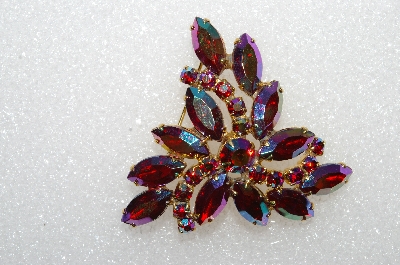 **MBA #E55-114   "Vintage Gold Tone Fancy Red AB Crystal Rhinestone Brooch"