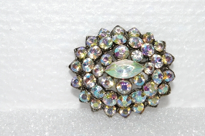 **MBA #E55-146   "Vintage Antiqued Silvertone AB Crystal Rhinestone Pin"