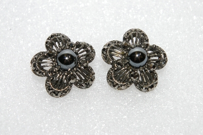 +MBA #E55-281   "Weiss Antiqued Silvertone Black Glass Stone Clip On Earrings"