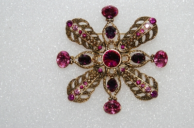 **MBA #E55-104   "Vintage Antiqued Goldtone Large Pink & Purple Crystal Rhinestone Brooch"