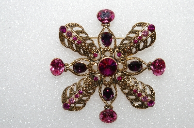 **MBA #E55-104   "Vintage Antiqued Goldtone Large Pink & Purple Crystal Rhinestone Brooch"
