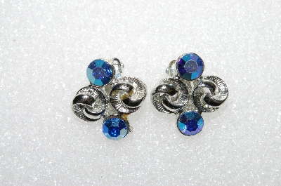 +MBA #E55-033   "Vintage Silvertone Blue AB Crystal Clip On Earrings"