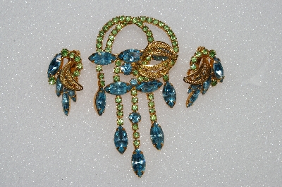 +MBA #E56-200   "Juliana Blue & Green Crystal Rhinestone Filigree Brooch & Earring Set"