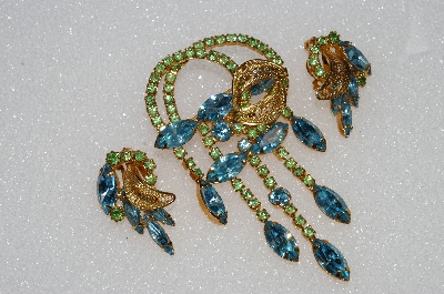 +MBA #E56-200   "Juliana Blue & Green Crystal Rhinestone Filigree Brooch & Earring Set"