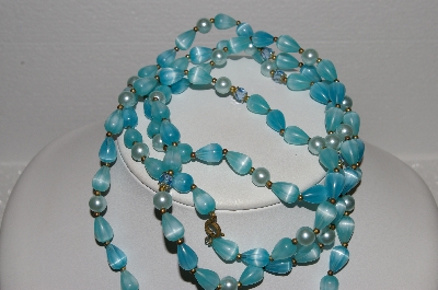 +MBA #E56-051   "Vintage Blue Crystal & Lucite Bead 54" Necklace"