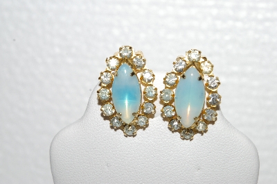 +MBA #E56-125   "Vintage Goldtone Opal Glass & Clear Crystal Rhinestone Earrings"