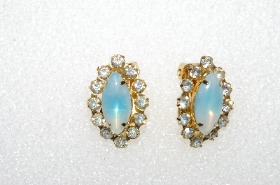 +MBA #E56-125   "Vintage Goldtone Opal Glass & Clear Crystal Rhinestone Earrings"