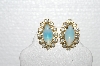 +MBA #E56-125   "Vintage Goldtone Opal Glass & Clear Crystal Rhinestone Earrings"