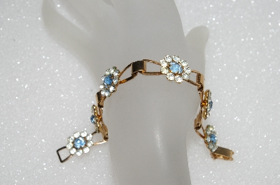 +MBA #E56-067   "Vintage Gold Tone Blue & Clear Crystal Rhinestone Bracelet"