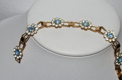 +MBA #E56-067   "Vintage Gold Tone Blue & Clear Crystal Rhinestone Bracelet"