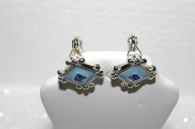 +MBA #E56-150   "Monet Silvertone Blue Enamel & Crystal Rhinestone Small Clip On Earrings"