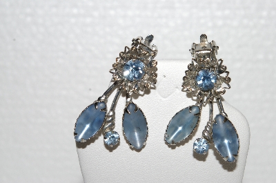 +MBA #E56-138   "Vintage Silvertone Blue Glass & Rhinestone Fancy Earrings"