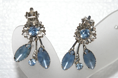 +MBA #E56-138   "Vintage Silvertone Blue Glass & Rhinestone Fancy Earrings"