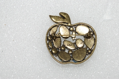 +MBA #E56-208   "Liz Claiborne Antiqued Gold Tone Multi Colored Stone Apple Pin"
