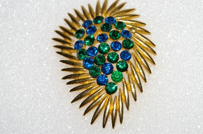 **MBA #E56-228   "Vintage Gold Plated Blue & Green Crystal Rhinestone Fancy Pin"