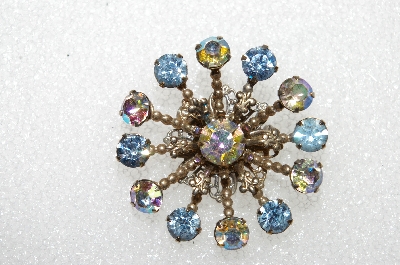**MBA #E56-245   "Vintage Gold Tone Blue & AB Crystal Rhinestone Fancy Pin"