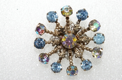 **MBA #E56-245   "Vintage Gold Tone Blue & AB Crystal Rhinestone Fancy Pin"