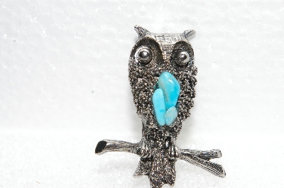 **MBA #E56-017   "Older Antiqued Silvertone Turquoise Owl Pin"